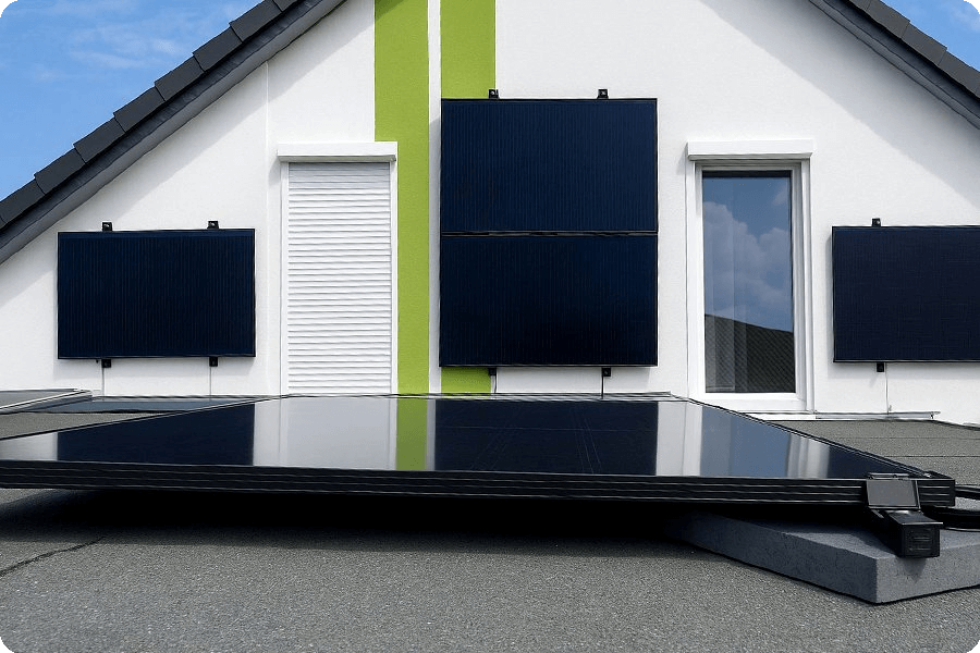 Horizontally mounted full-black PV modules on a building façade, showing clean lines and a balanced appearance while maintaining efficiency and architectural harmony.