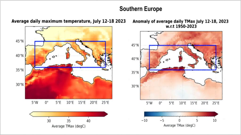 average daily maximum temperature in southern Europe