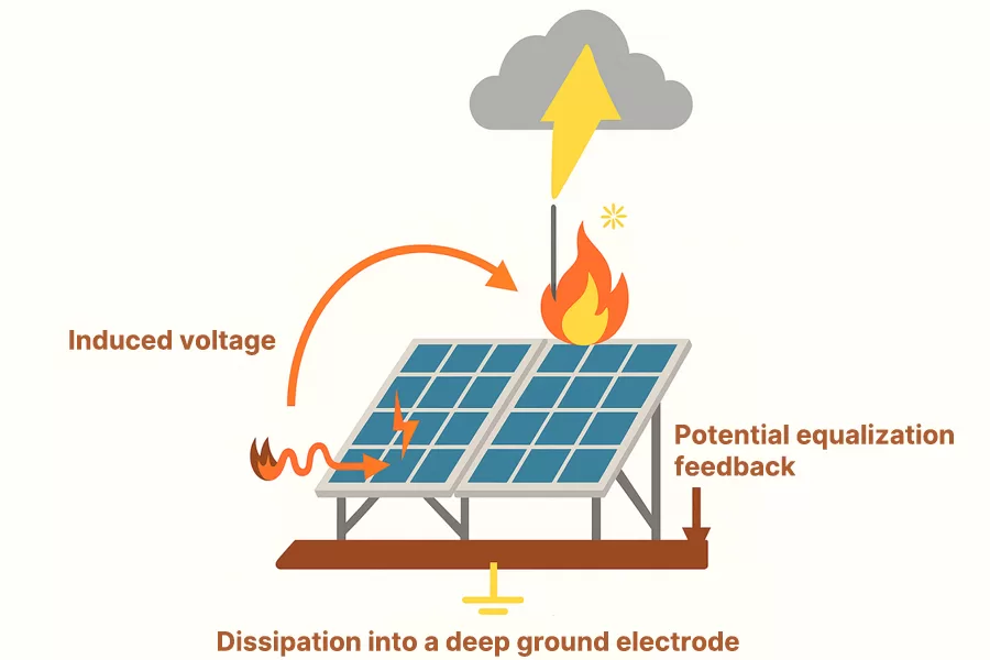 Three lightning damage paths in PV systems — direct strike, thermal induction, ground potential rise