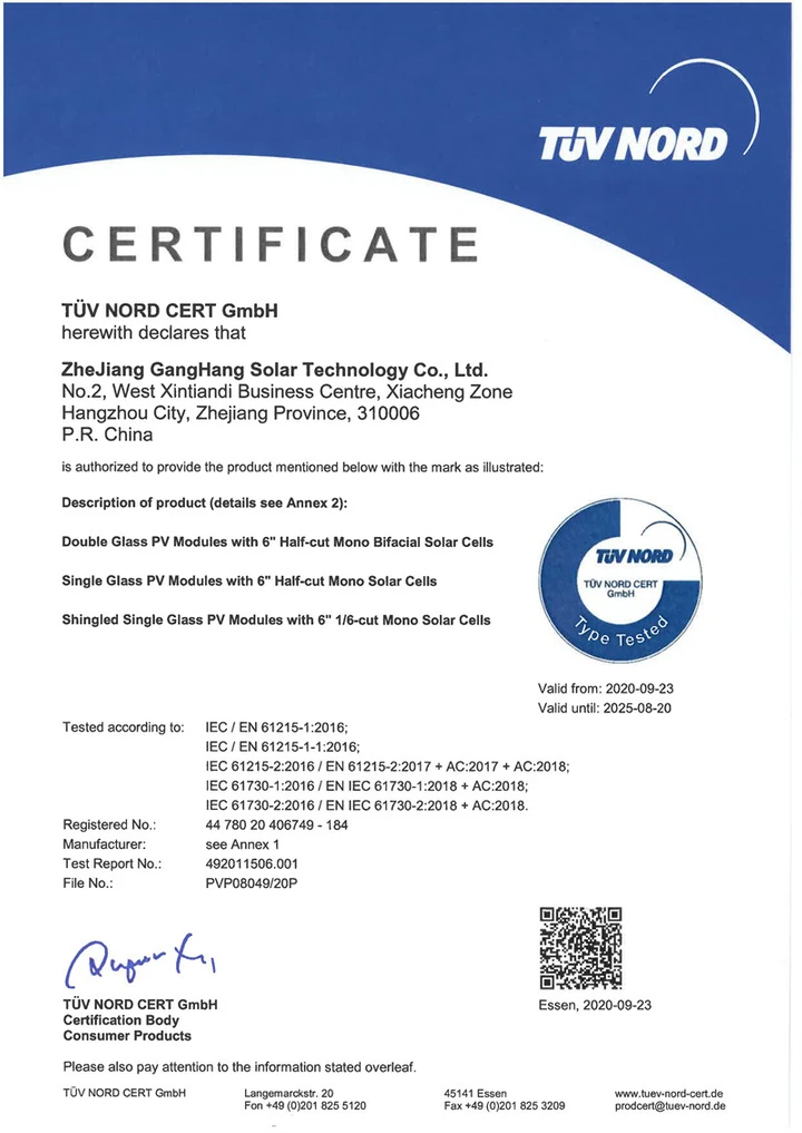 Certificat TUV-NORD Double Verre