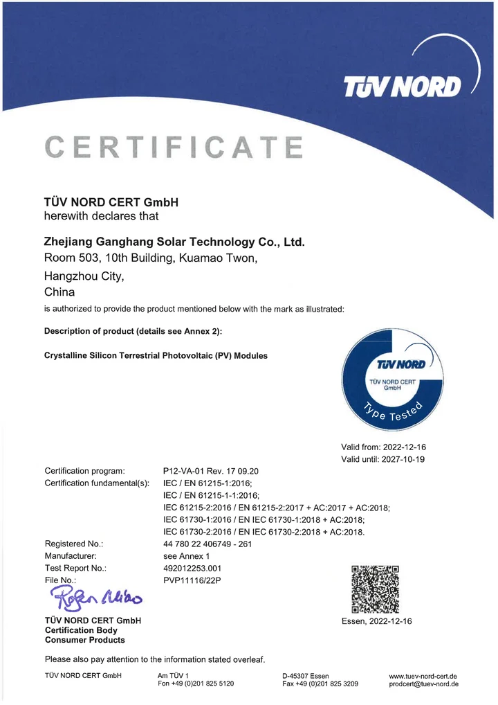Certificat TUV-NORD pour les modules à bardeaux 2023