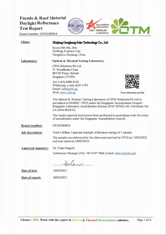 Certificat de réflexion de la lumière du jour pour les modul solaires IBC