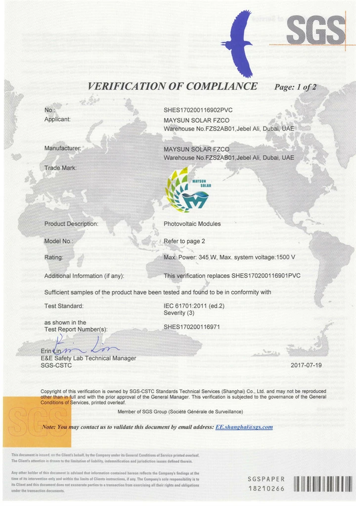 Certificat d'essai au brouillard salin SGS