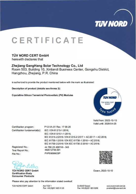 HJT Panneaux Solaires Certificat TUV