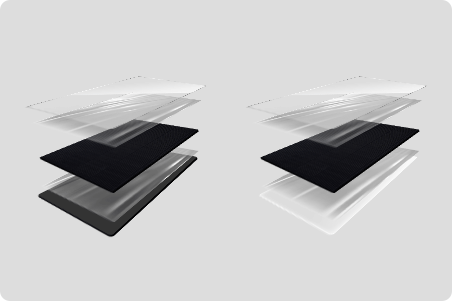 Structural difference between single-glass and double-glass modules — the former has a backsheet as the last layer, while the latter uses glass.