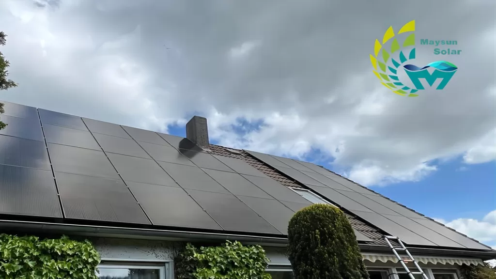 Large-scale installation of TOPCon full black solar panels on a roof, perfect integration with architecture, reflecting current market trends.