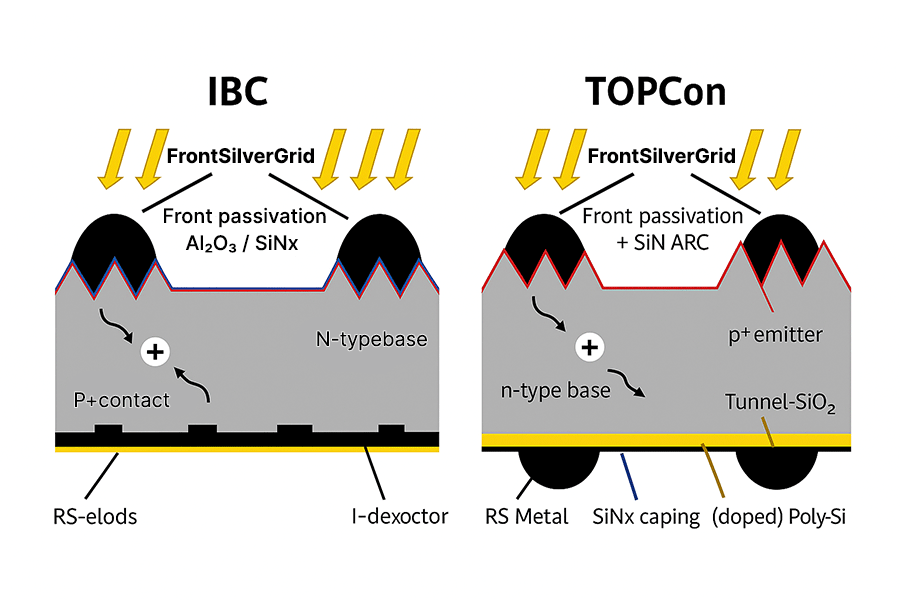 Schematic comparison of IBC and TOPCon solar cell structures, showing the differences between full back contact and tunnel oxide construction.