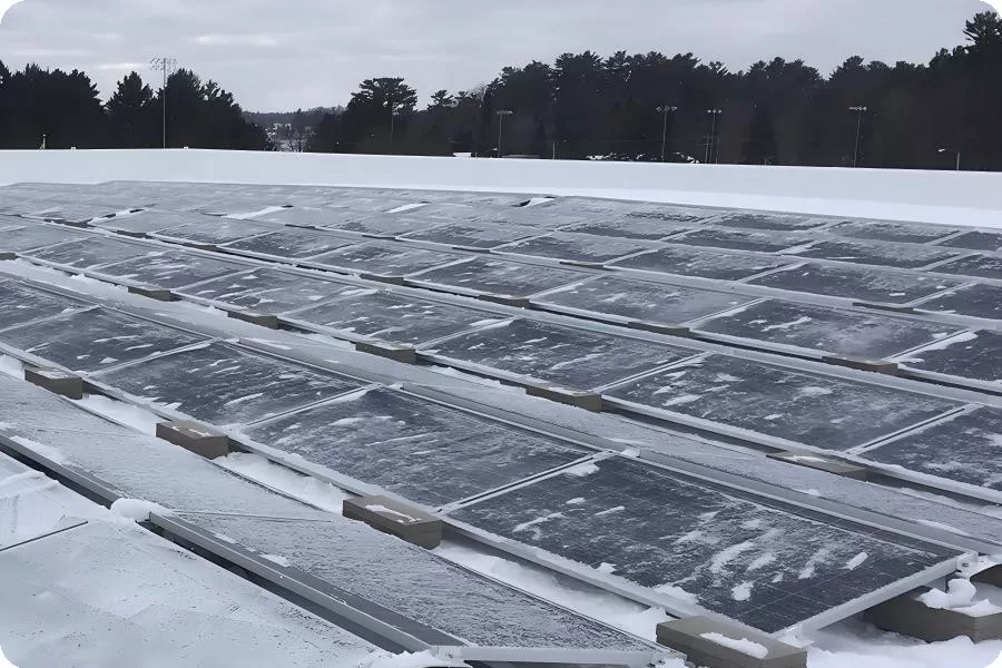 Ground-mounted PV modules with surface ice, where freeze-thaw cycles driven by temperature fluctuations accelerate aging