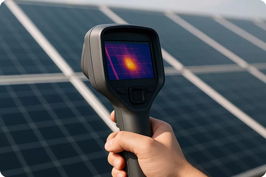 Thermal camera detecting hot spots on the surface of photovoltaic panels.
