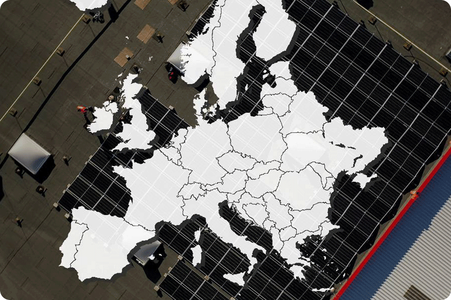 A top-down view of Europe overlaid with solar panels, symbolizing the widespread deployment of commercial and industrial photovoltaics and renewable energy across the continent.