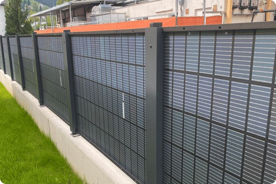 Vertical solar modules installed on a building façade, showcasing the integration of façade photovoltaic power generation with energy storage and self-consumption in urban and commercial settings.