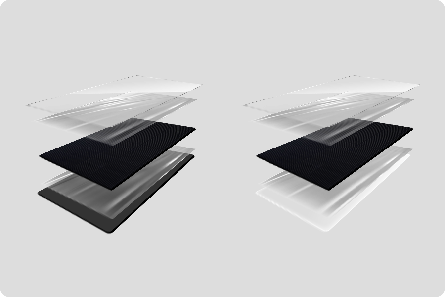 Diagram comparing the structure of single-glass and dual-glass modules.