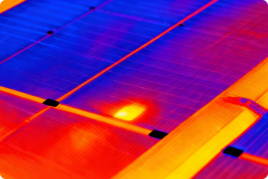 Thermal image showing a localised hotspot on a solar module caused by uneven current distribution and abnormal temperature rise.