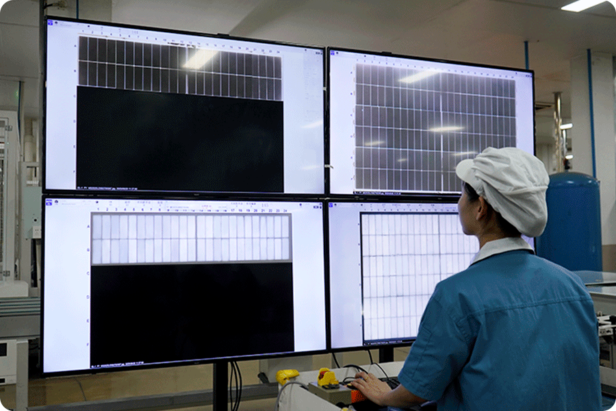 EL inspection on the production line showing cell electroluminescence uniformity and revealing microcracks or hidden defects.