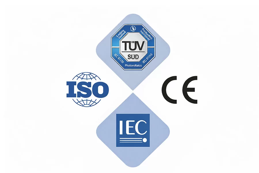 Common PV module certifications and standards required in solar projects, including IEC, TÜV, ISO and CE.