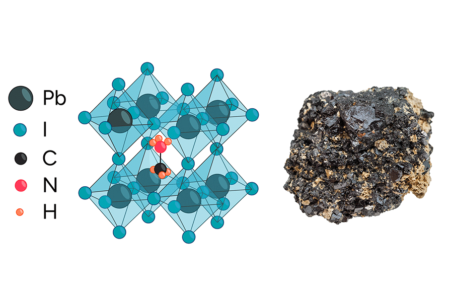 Schematic of the perovskite crystal structure (ABX₃) alongside a natural perovskite mineral sample.