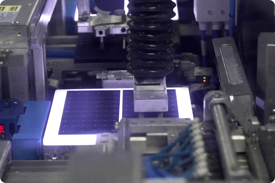 PV cell metallisation production line, showing fine-line printing and laser transfer processes used to reduce silver consumption per watt.