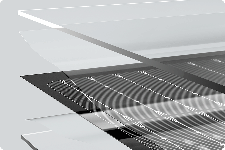 Overall solar panel structure diagram, showing the layered relationship between the front glass, solar cells, encapsulation layer, and rear-side structure