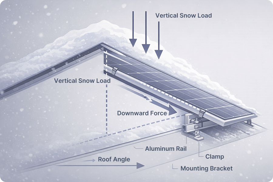 Schematic illustration of snow load transfer through the module and supporting structure under winter conditions