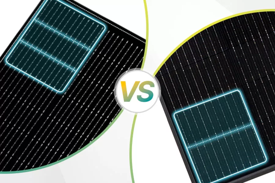 Comparison diagram of half-cut and 1/3-cut solar cell structures, illustrating how different cell segmentation methods affect current paths