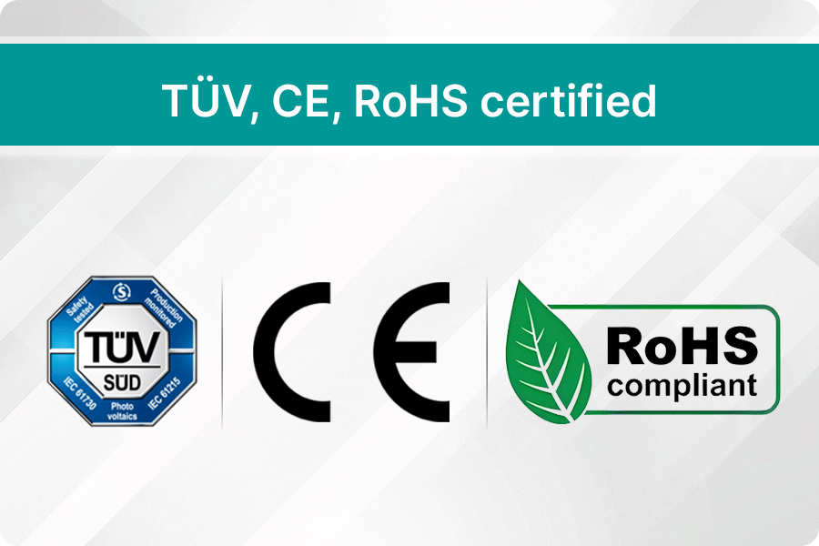 TÜV, CE and RoHS international certification marks on photovoltaic modules, indicating compliance with IEC safety and quality standards