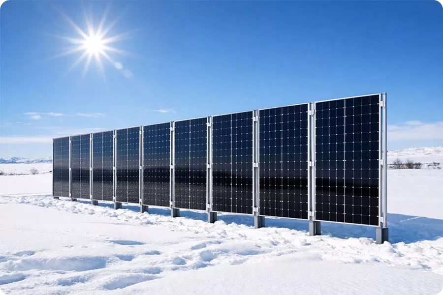 Vertical bifacial PV modules operating in a high-latitude snowy environment, where snow enhances ground reflectivity and boosts rear-side irradiation and bifacial yield.