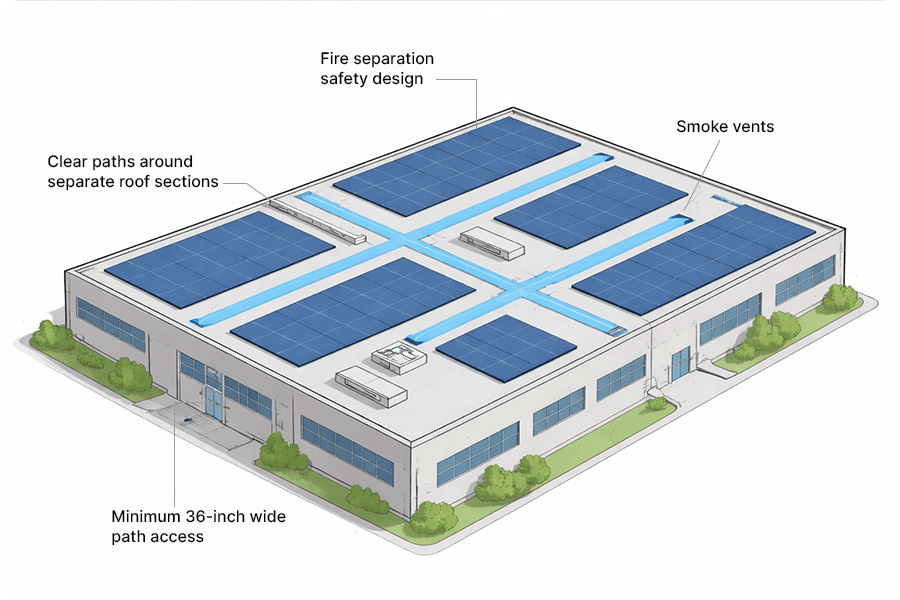 Fire safety design layout of a commercial rooftop photovoltaic array, showing maintenance access routes, fire separation zones and smoke ventilation pathways