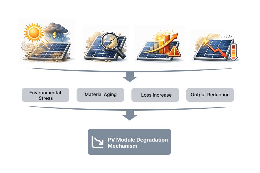 Solar panel efficiency degradation mechanism diagram showing how environmental stress, material ageing and increased resistive losses reduce solar panel output over time.