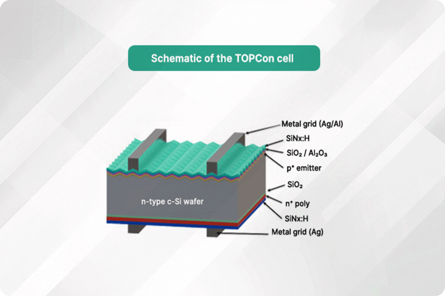 Structural diagram of a TOPCon solar cell, showing the tunnel oxide layer and polysilicon passivated contact design, used to explain how N-type TOPCon solar panels improve efficiency and long-term stability.
