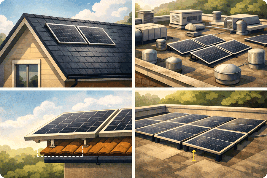 Dark roof surfaces, close-to-roof installation and layout constraints can significantly reduce rear-side light exposure.