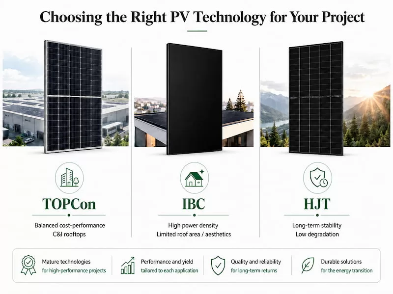 Comparison of TOPCon, IBC and HJT solar modules for European PV repowering projects