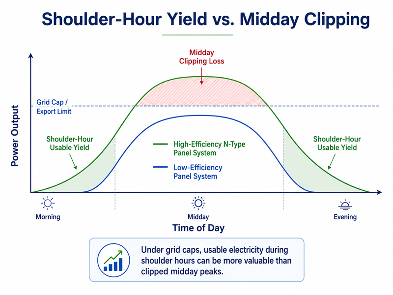 Solar generation curve showing shoulder-hour yield and midday clipping under grid caps