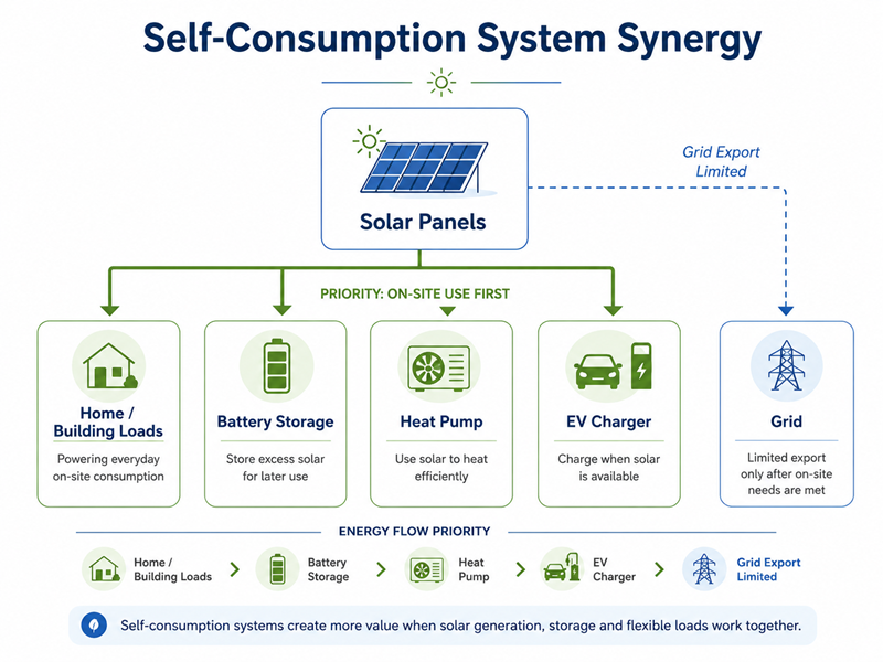 Solar panels integrated with battery storage heat pump and EV charger for self-consumption